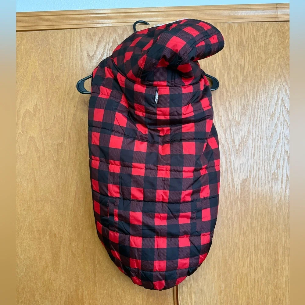 Buffalo plaid Sherpa lined dog vest with hood
